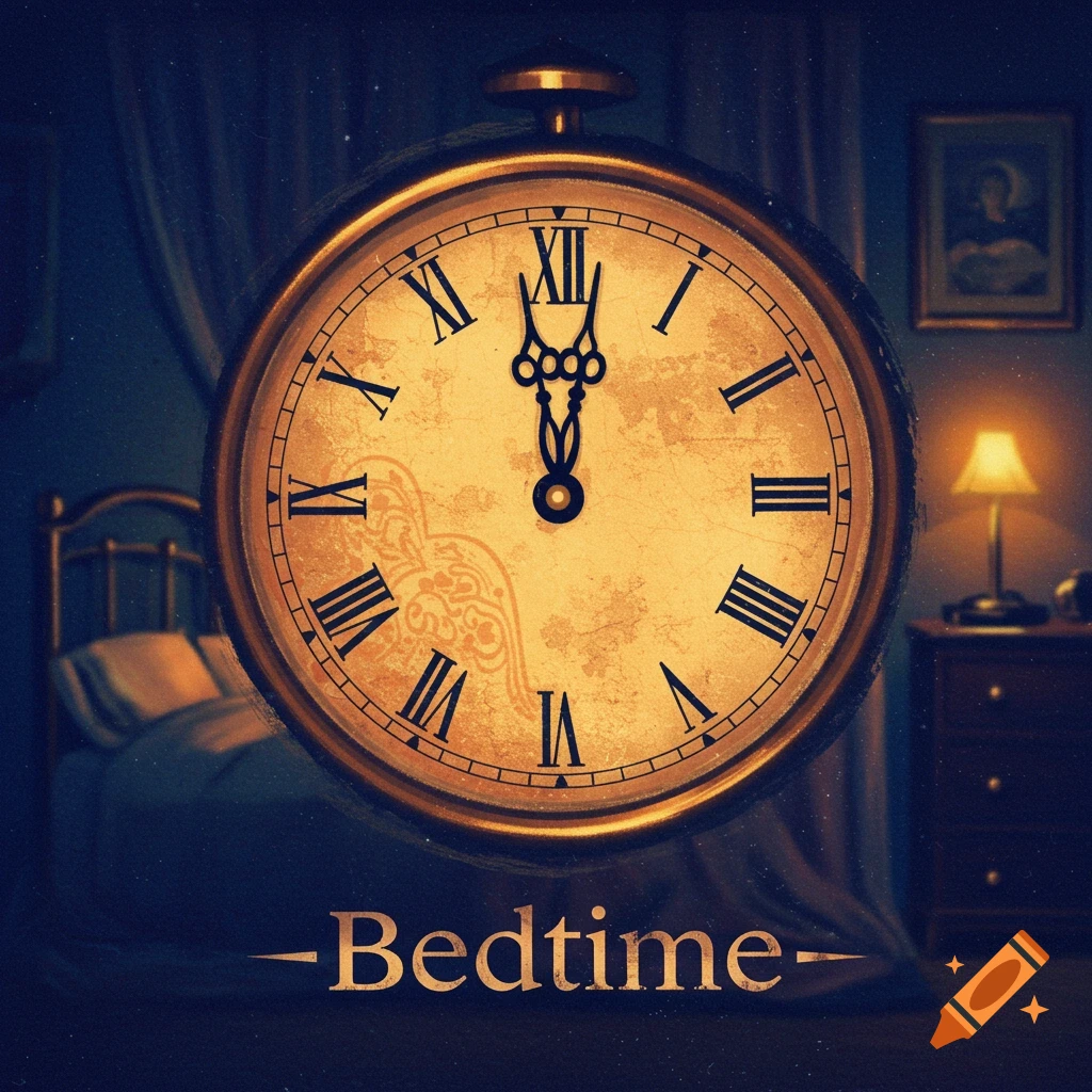 A large pocket watch face floating in a dimly lit bedroom scene with a bed and nightstand. The word '-Bedtime-' is below the clock face.