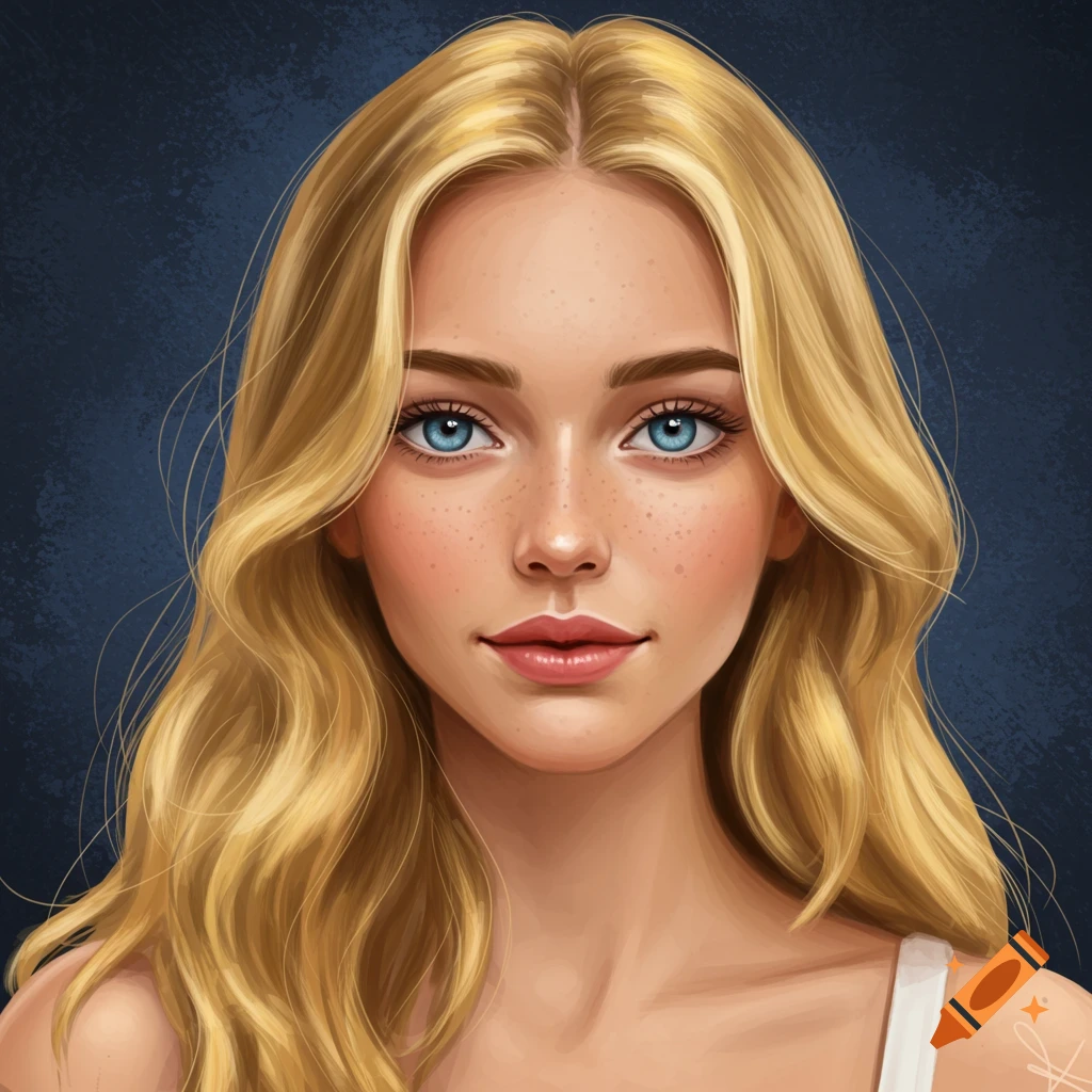 A portrait of a young woman with blond hair, blue eyes, and freckles.