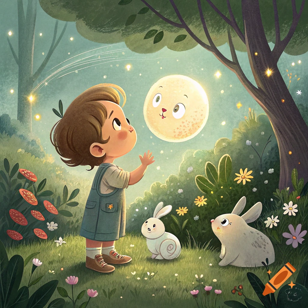 Child reaches for smiling moon with bunnies in a whimsical garden illustration.