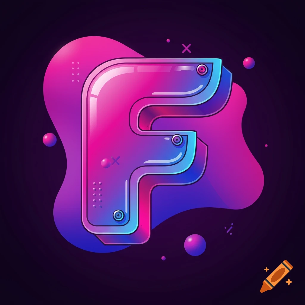 Stylized digital illustration of the letter F in pink and blue gradient.