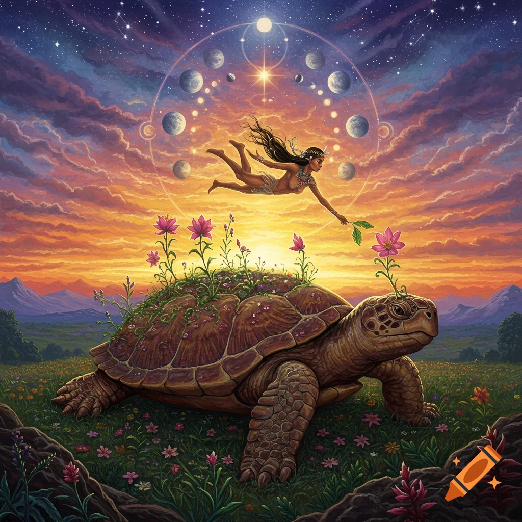A giant turtle with flowers and plants growing on its back, and a figure flying above under a starry sky.