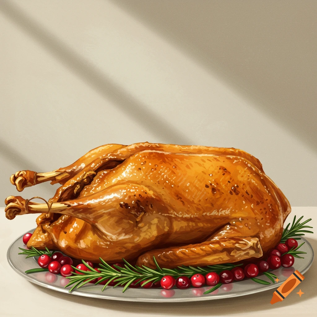 A roasted turkey on a platter with cranberries and rosemary.