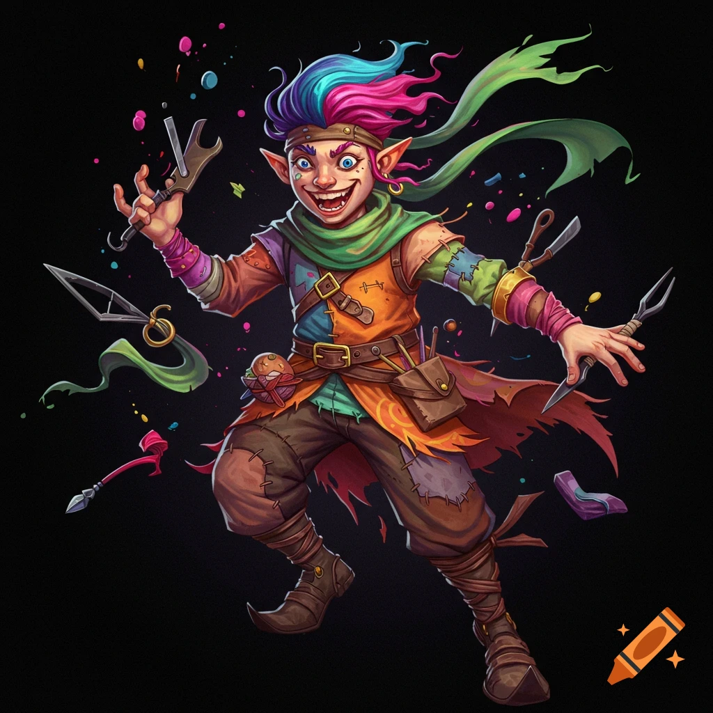 A chaotic fantasy crafter character holding tools with paint splatters.