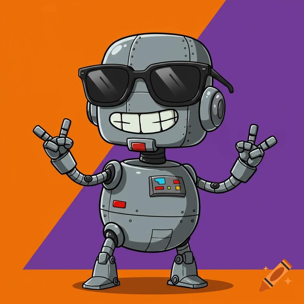 A cartoon robot wearing sunglasses and making peace signs against an orange and purple background.
