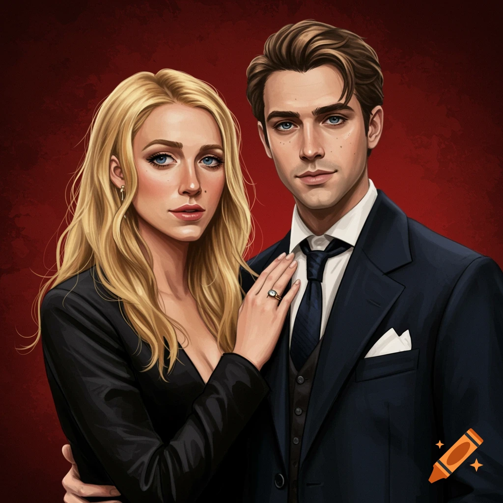 Portrait of a young couple in formal wear against a red background.