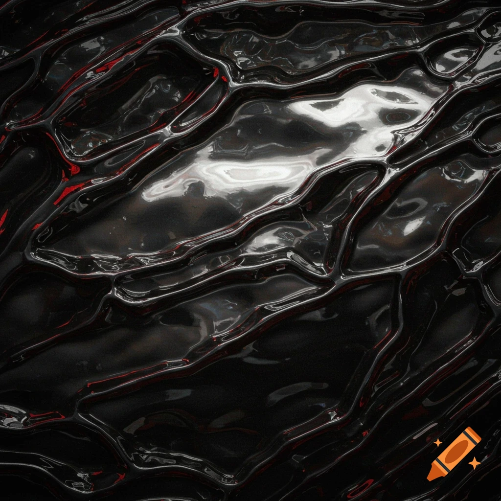 A dark, glossy, textured surface with wavy shapes and red highlights.