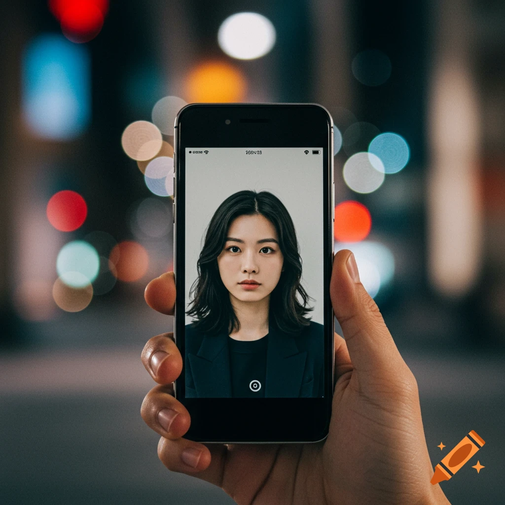 Hand holding a smartphone displaying a portrait of a woman, with blurred city lights in the background.