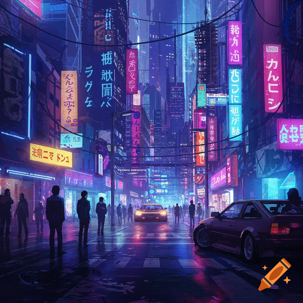 A futuristic city street at night, illuminated by blue and purple neon signs, with people and cars.