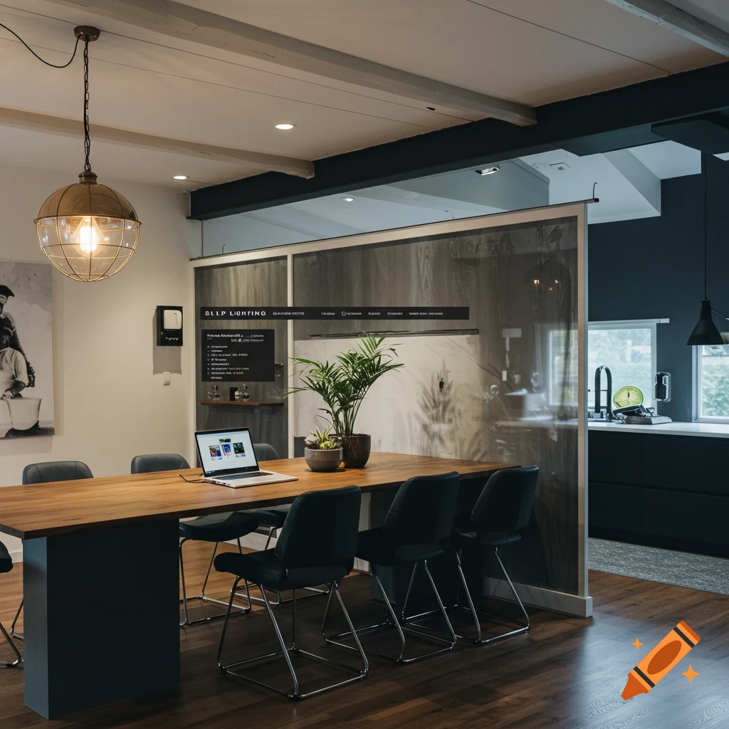 A modern meeting room with a long wooden table, black chairs, a plant, and a large industrial lamp hanging overhead.