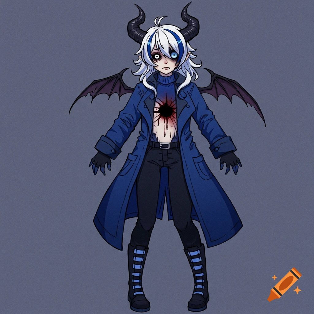 Anime character with white hair, black horns, wings, a blue coat, black pants, and boots, with a dark wound in their chest.