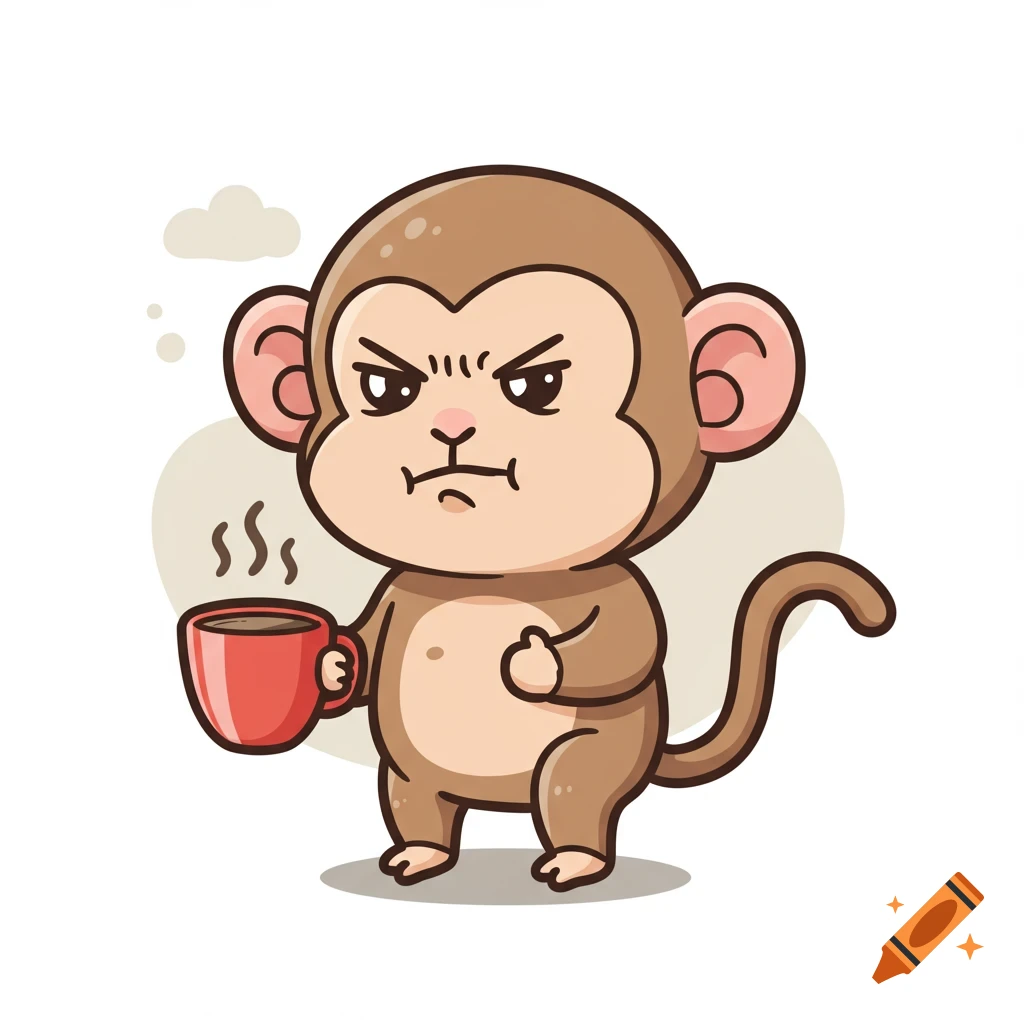Cute cartoon of a scowling monkey holding a steaming red coffee cup.