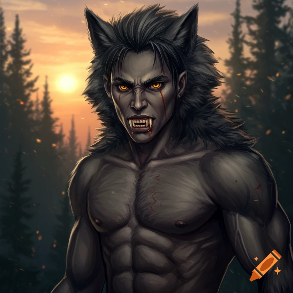 A human-wolf hybrid with orange eyes and fangs stands in a forest at sunset.