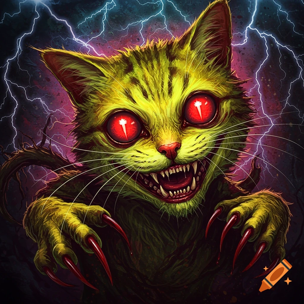 A monstrous yellow-green cat with glowing red eyes, sharp claws, and fangs is surrounded by lightning in a dark fantasy style.