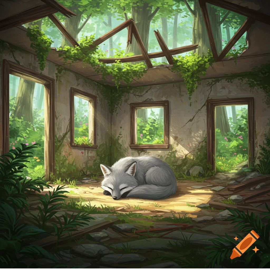 A cute gray fox sleeps curled up in the sunlit floor of a ruined building overgrown with plants.