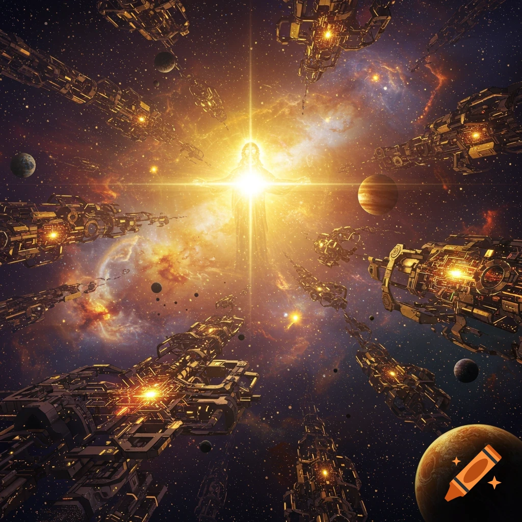 A bright, glowing figure surrounded by futuristic spaceships in space with planets and a nebula.