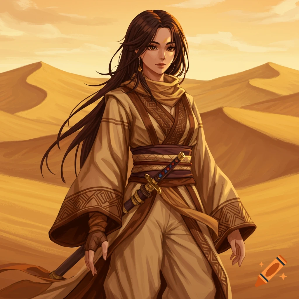 A woman with a sword in a desert landscape.