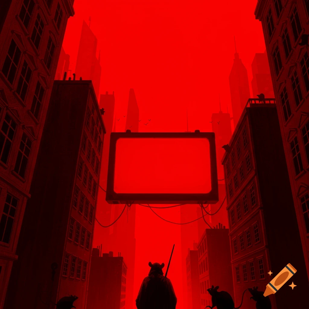Silhouette rat figure and rats in a red-toned urban scene with buildings and a blank screen.