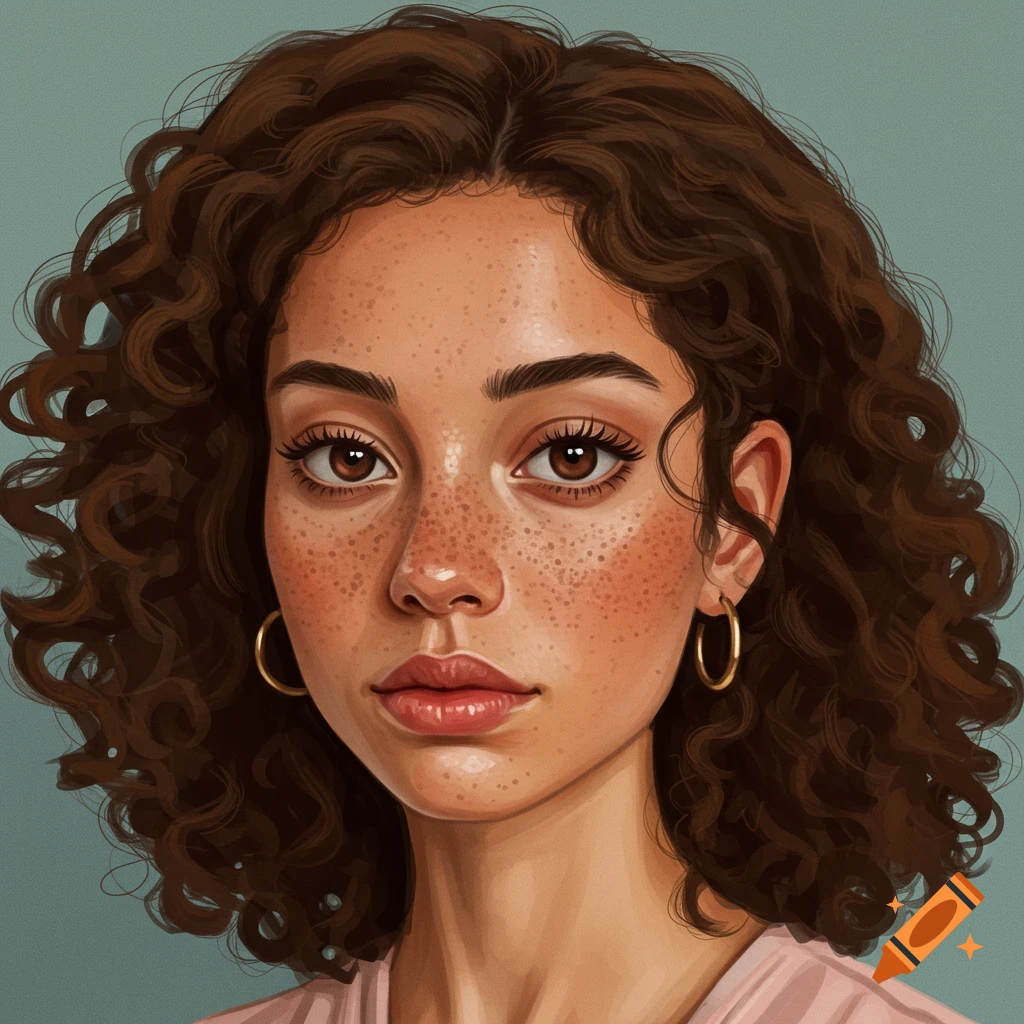 A woman with curly brown hair, brown eyes, and freckles.