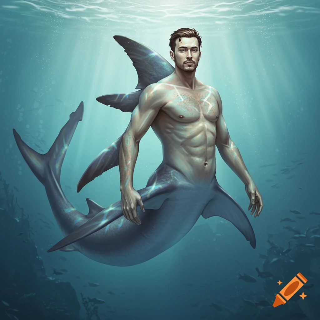 A muscular shark-human hybrid swims underwater.