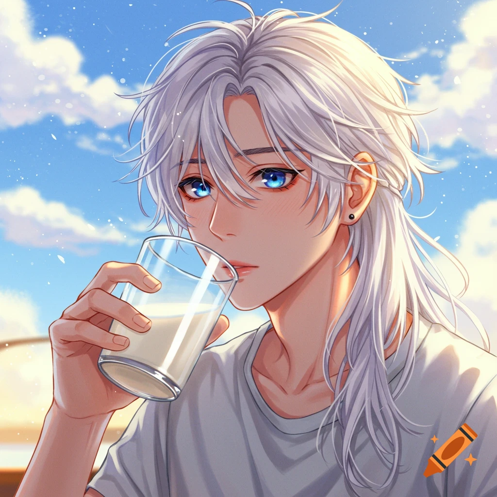 Anime guy with white hair and blue eyes drinking milk.