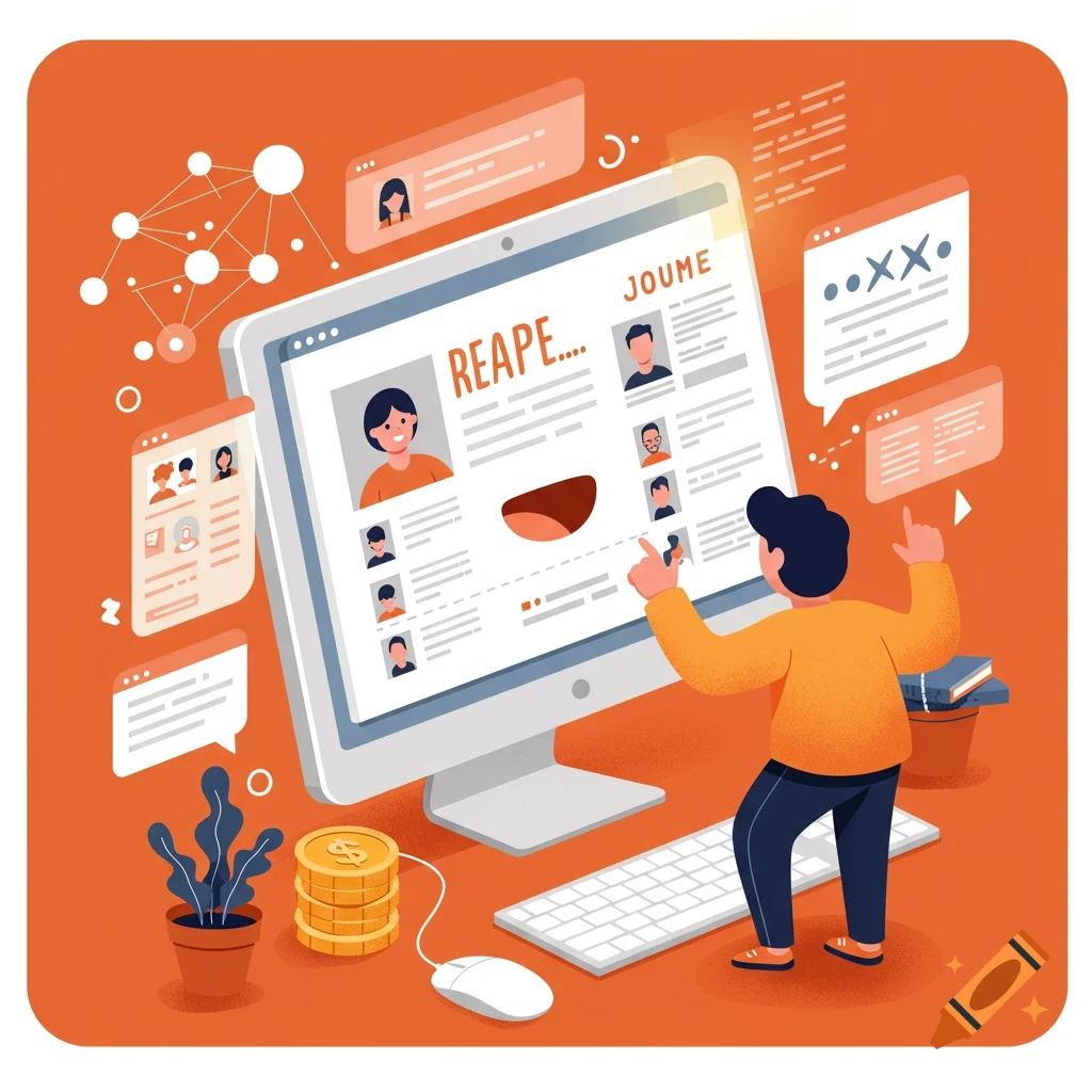 Cartoon illustration of a person looking at a computer screen showing job profiles.