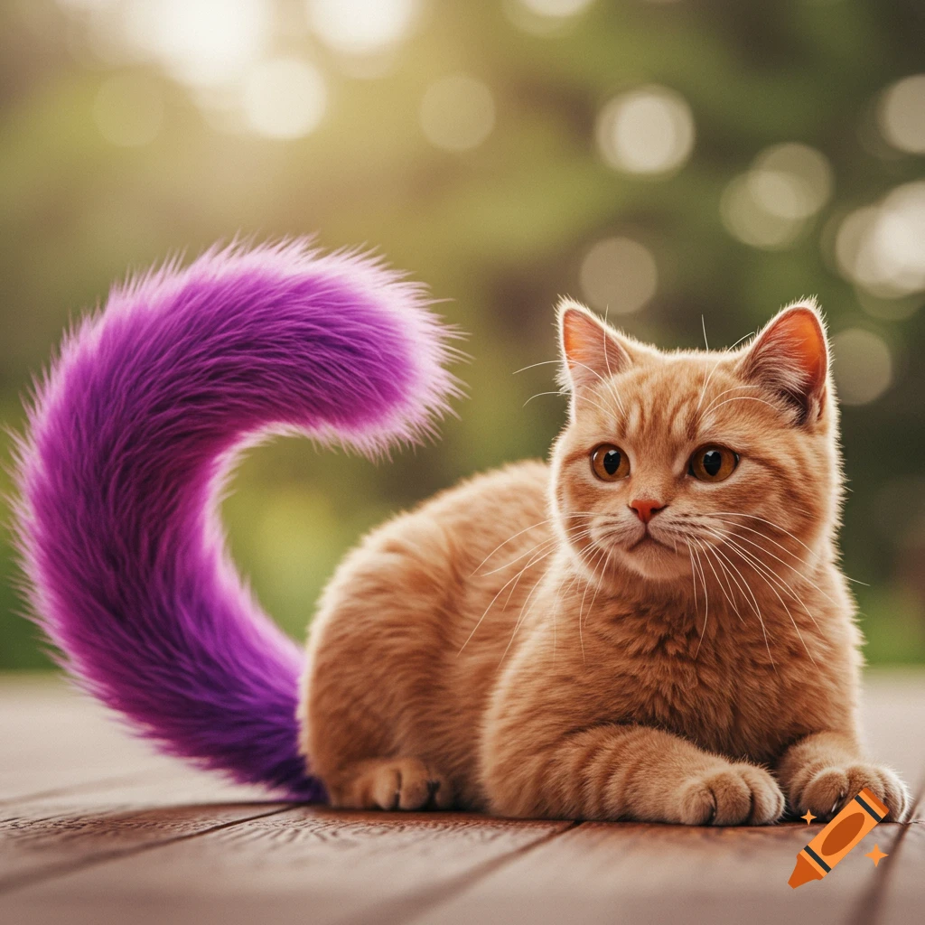 An orange cat with a bright purple tail sits on a wooden deck.
