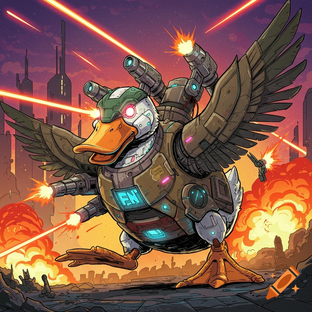 Sci-fi image of a robotic duck juggernaut with lasers and weapons walking through an exploding city.