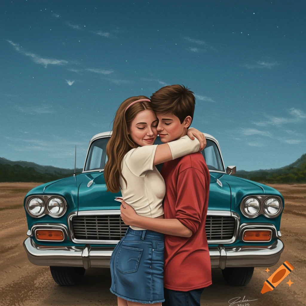 A young couple hugging in front of a vintage teal car at sunset.