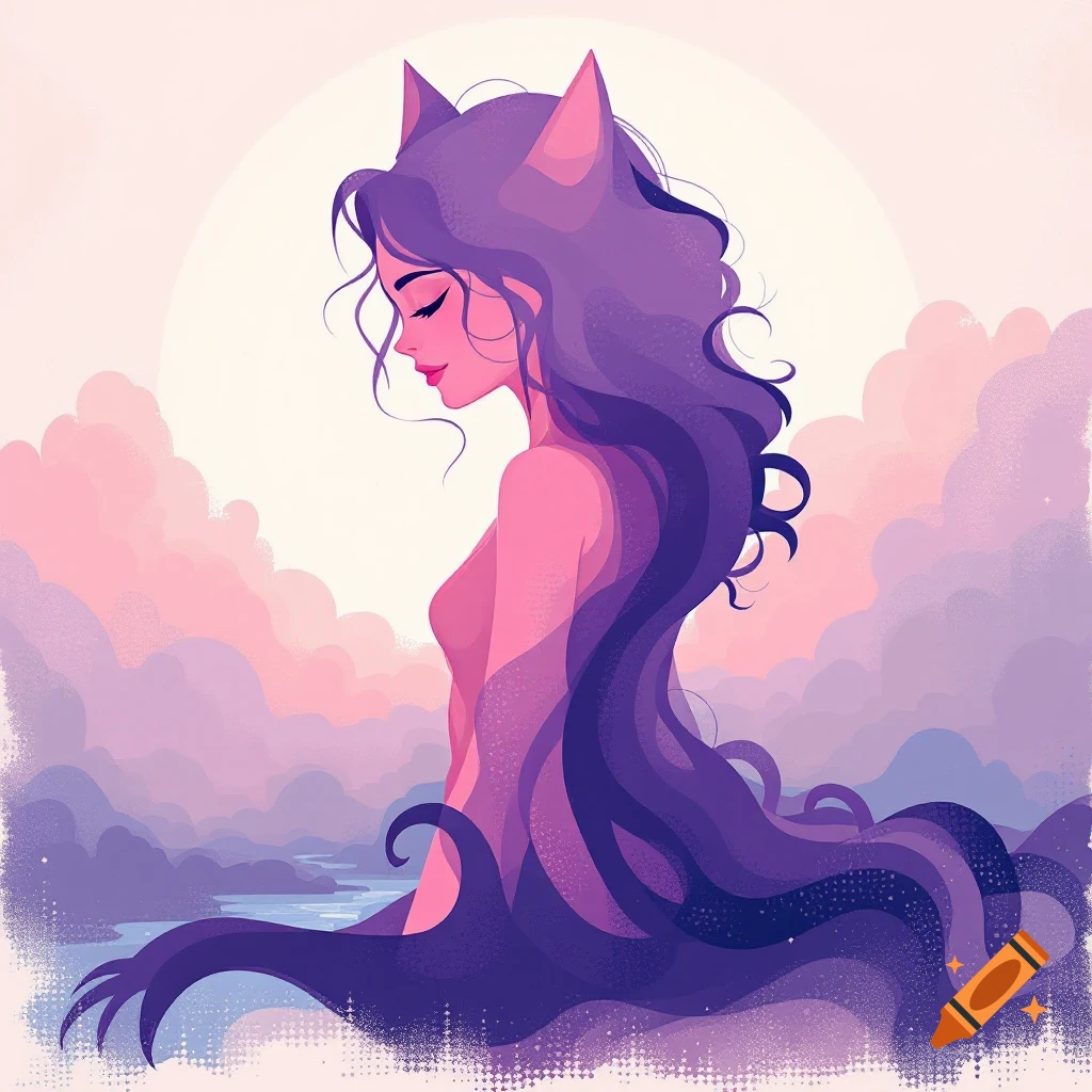 A stylized illustration of a person with cat ears and long purple hair against a pink and purple sky.