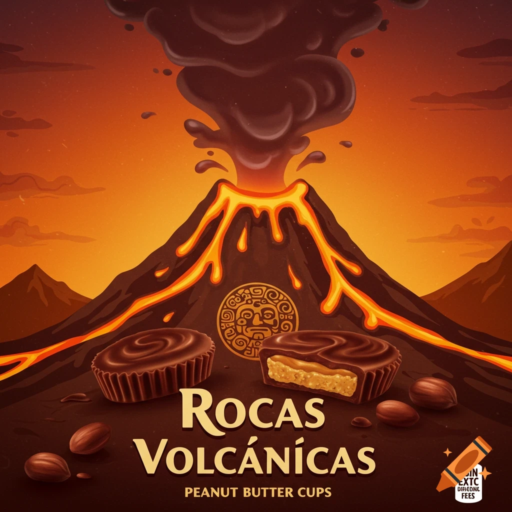 Illustration of chocolate peanut butter cups in front of an erupting volcano with Mayan symbols, advertising "Rocas Volcánicas".