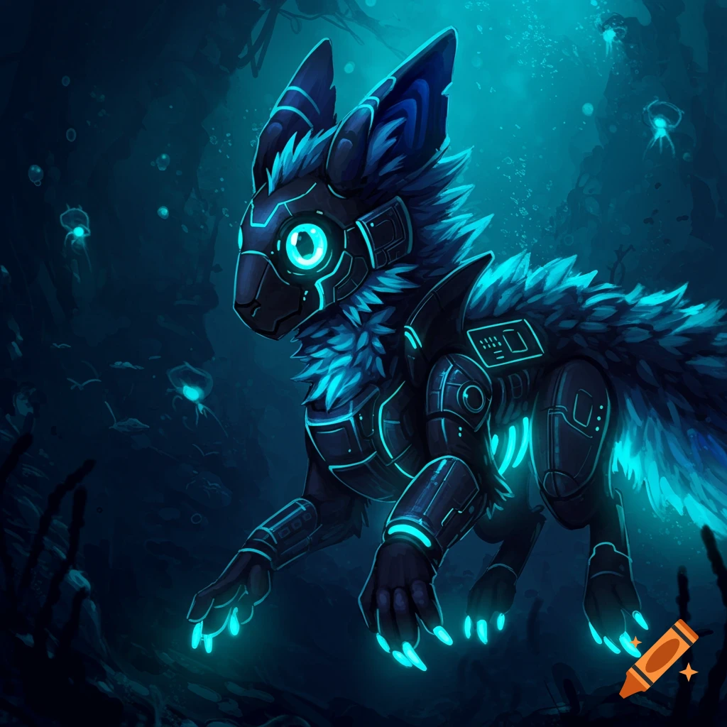 A glowing blue and black protogen creature underwater with jellyfish.