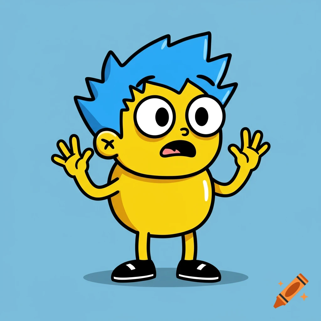 A simple yellow cartoon character with blue spiky hair and large eyes, looking surprised with hands raised.