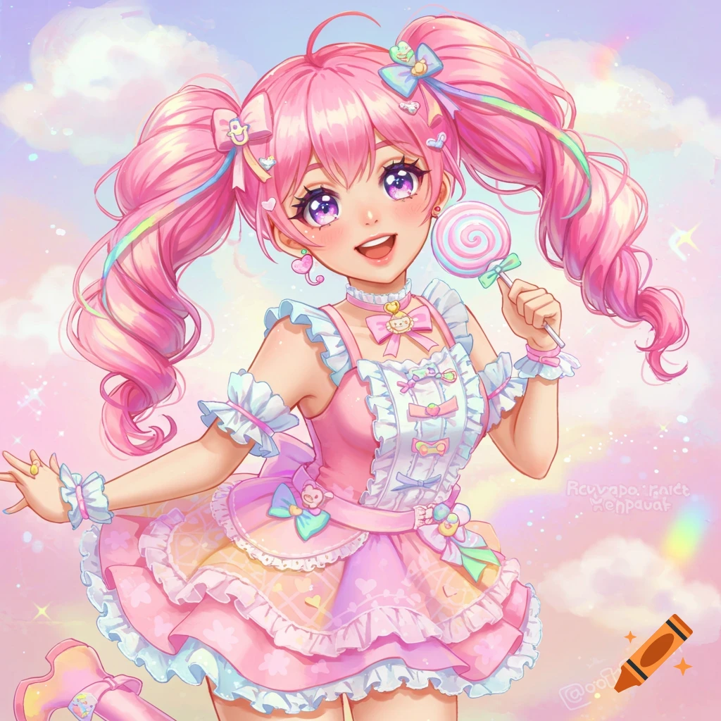 Cute anime clown girl with pink pigtails holds a lollipop on Craiyon