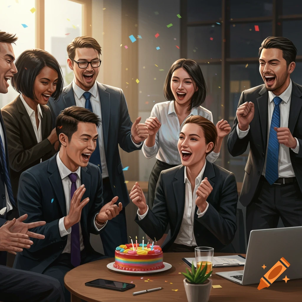 Group of diverse business people celebrating in an office with a colorful cake and confetti.