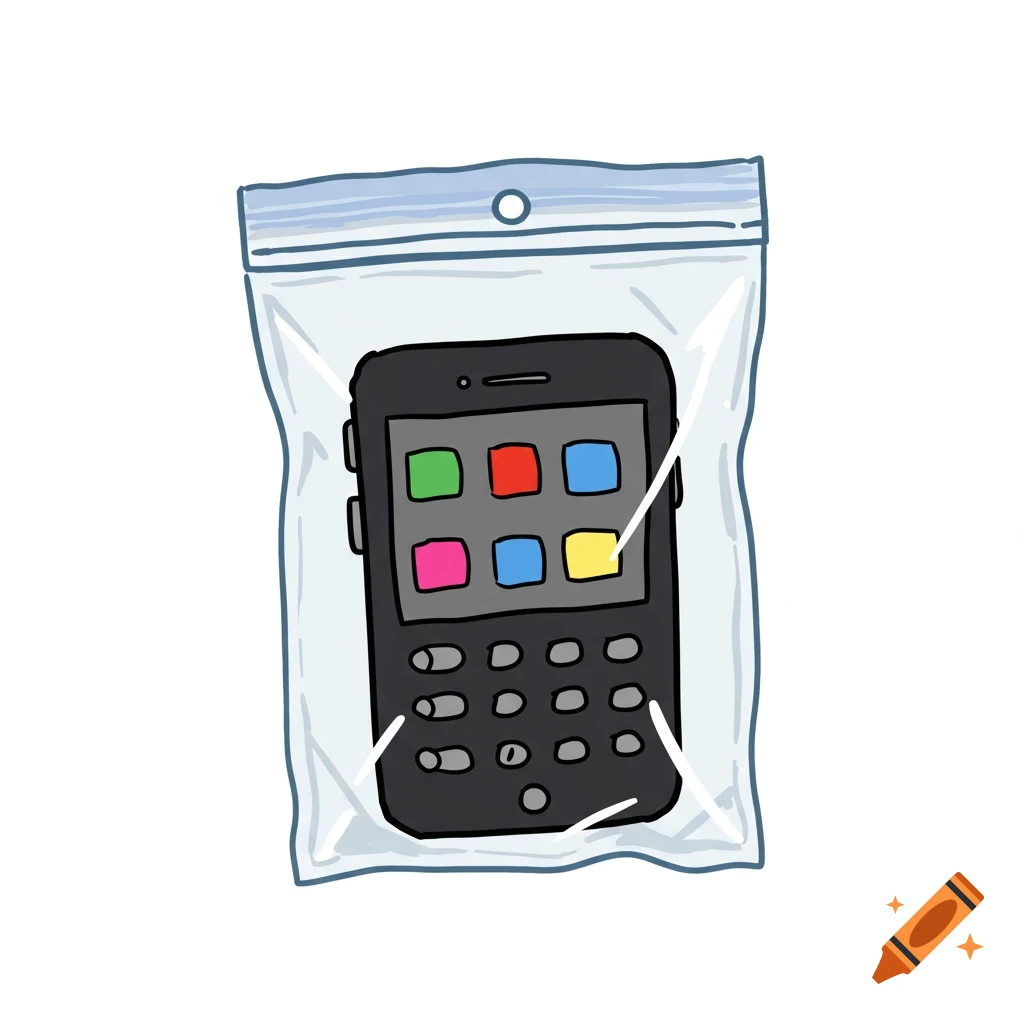 A simple cartoon drawing of a black cell phone in a clear zip-lock bag.