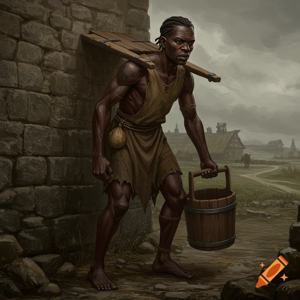 A dark-skinned man carries a wooden bucket and planks near a stone wall, with a medieval village in the background.