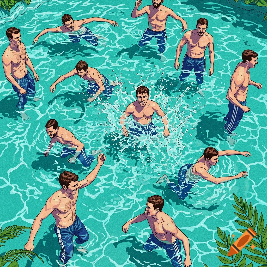 Multiple men swimming in a pool wearing blue pants.