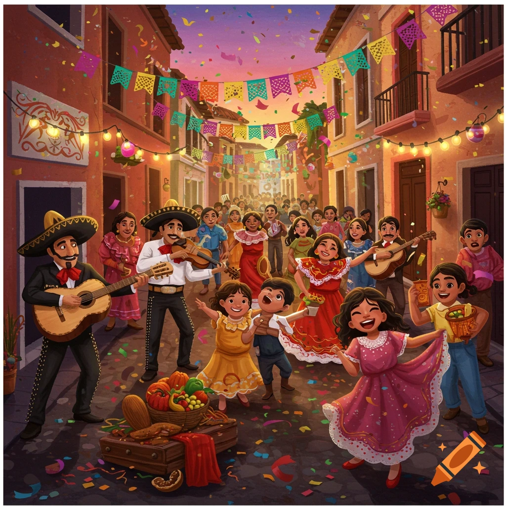 A vibrant street fiesta with people dancing and playing music under decorations and confetti.