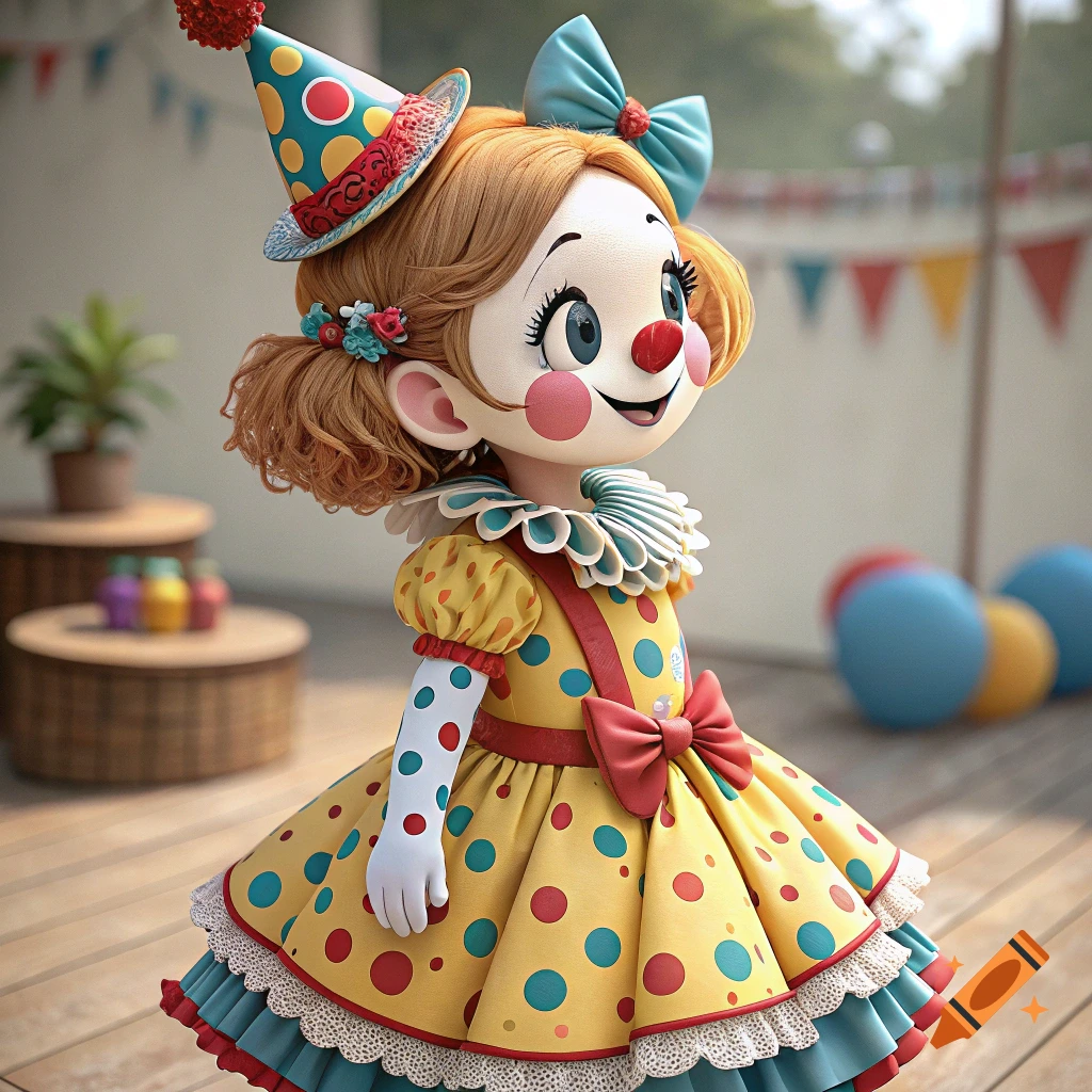 Cute doll-like character dressed as a clown with a polka dot dress and party hat at a birthday party.