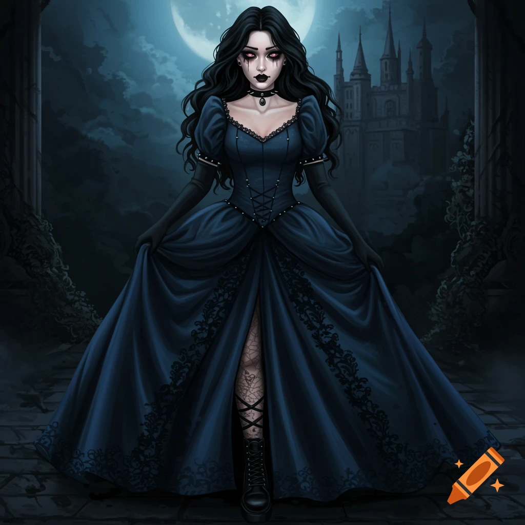 A woman in a dark blue gothic dress standing before a castle under a full moon.