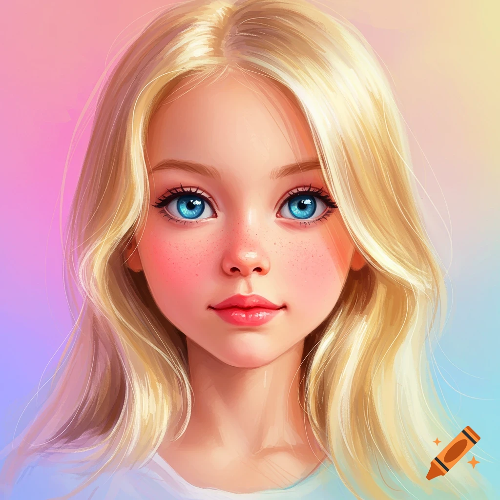 A portrait of a blonde girl with blue eyes and freckles.