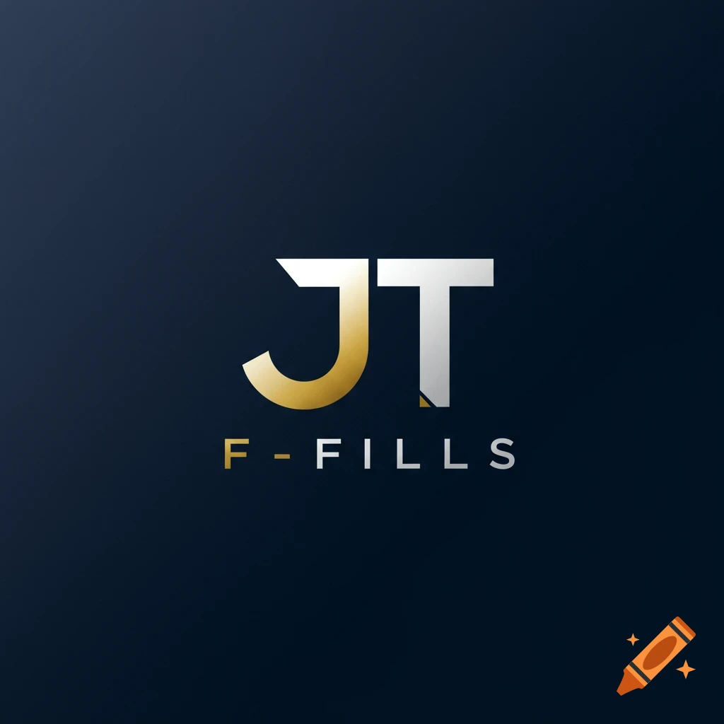 Modern logo with gold 'J' and silver 'T' above silver text 'F-FILLS' on a dark blue background.