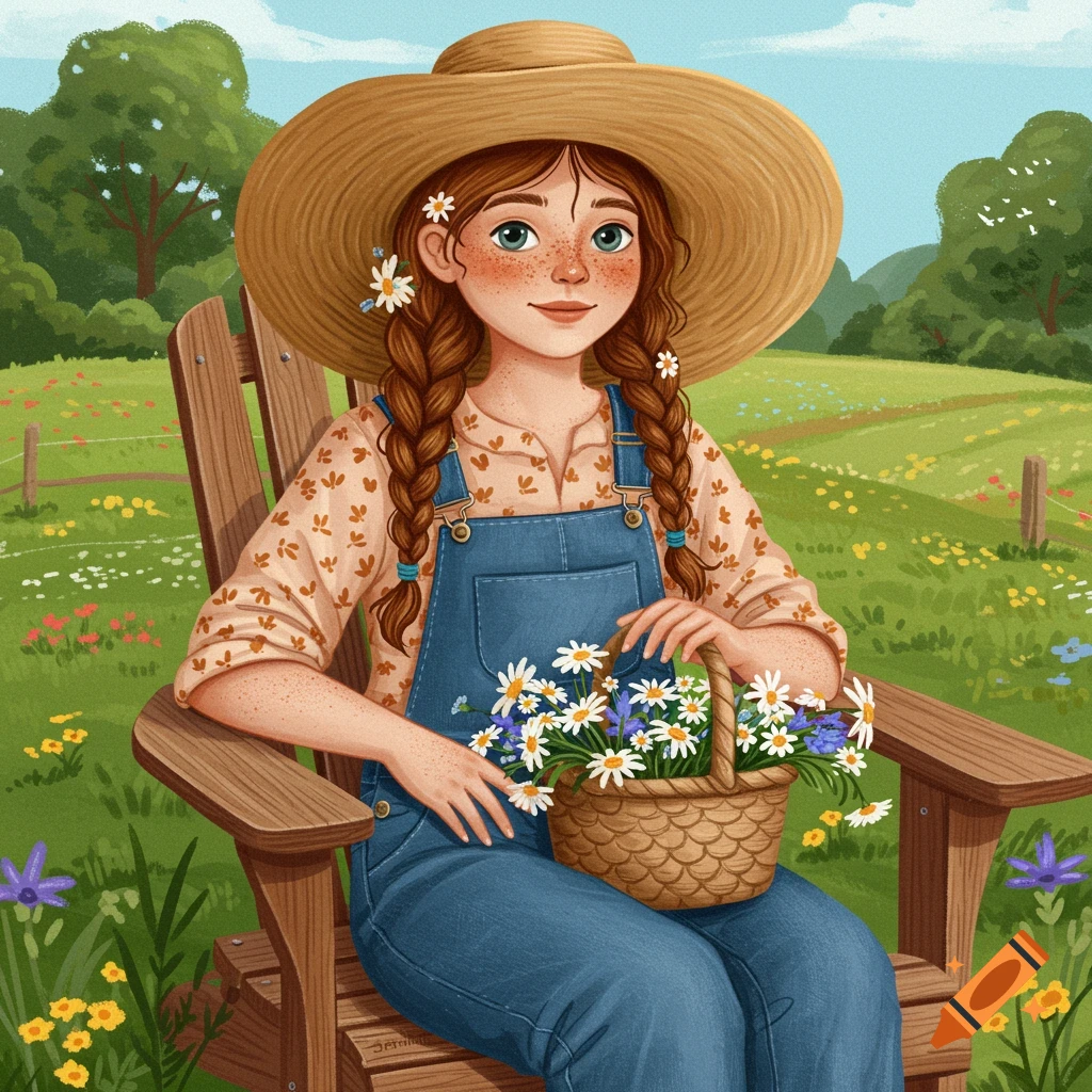 Digital illustration of a freckled girl in a straw hat and overalls sitting in a chair holding a basket of flowers in a field.