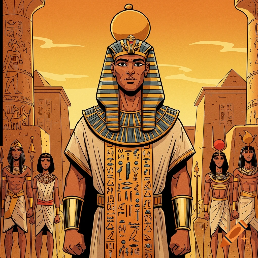 Ancient Egyptian pharaoh and attendants in front of temples, comic book style
