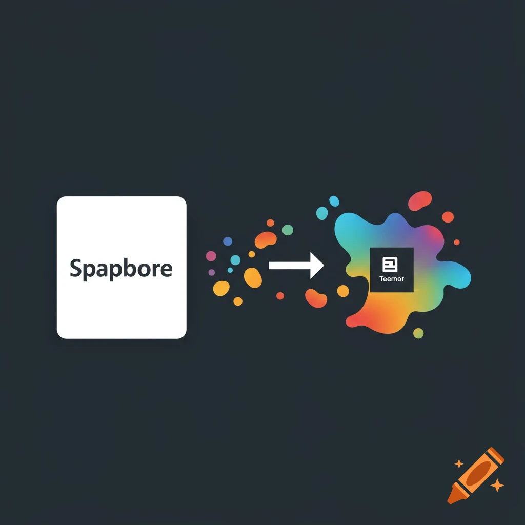 A diagram shows a white box labeled "Spapbore" connected by an arrow and dots to a colorful shape labeled with a logo and "Teemof".