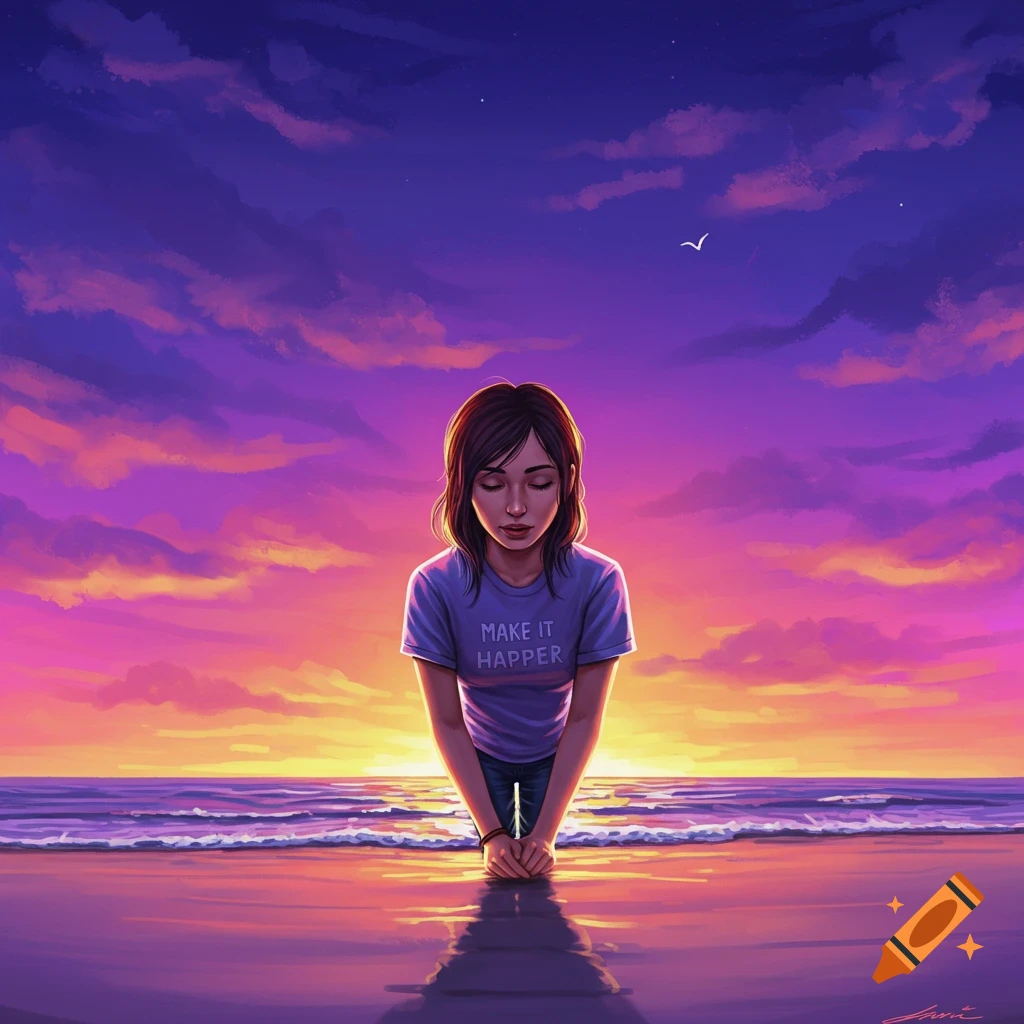 A person is kneeling on a beach at sunset, wearing a shirt with text.