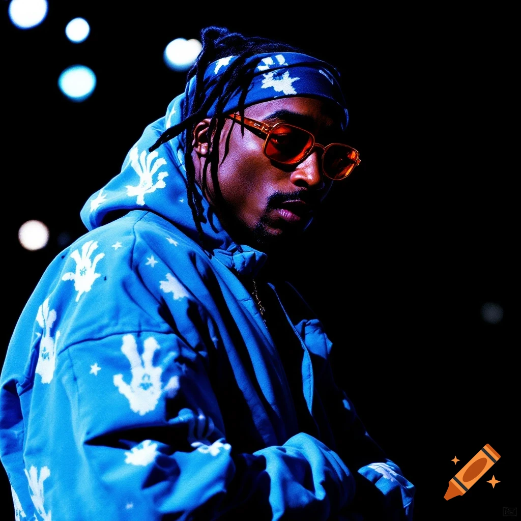 Portrait of a man resembling 2pac wearing a blue patterned bandana and jacket with orange sunglasses, looking down.