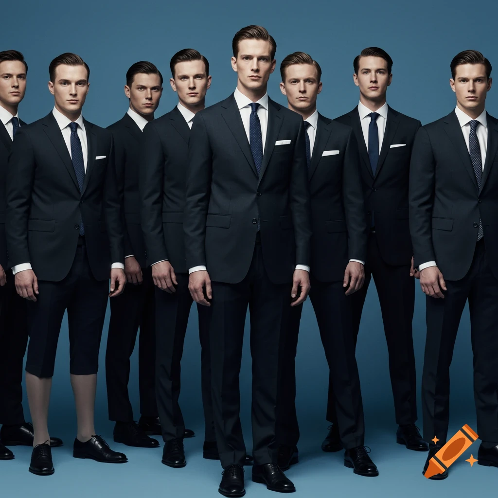 Several men in dark suits stand in a row, one wearing short trousers revealing socks.