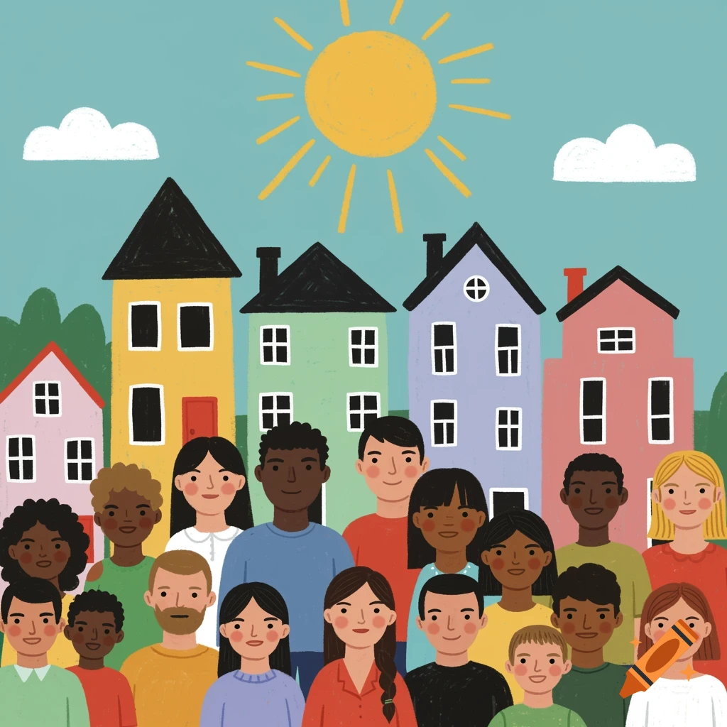 A diverse group of smiling people stand in front of colorful houses under a sun, in a children's book illustration style.