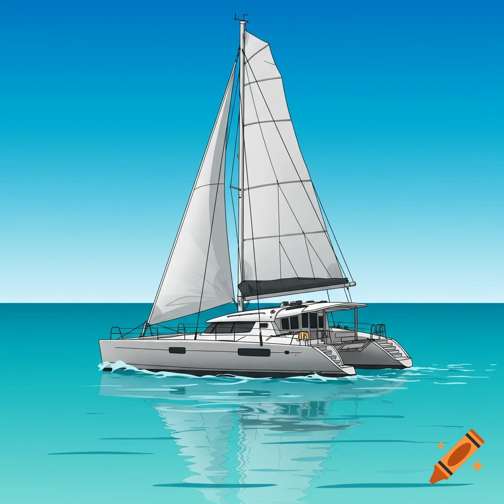A vector graphic of a catamaran sailing on the ocean.